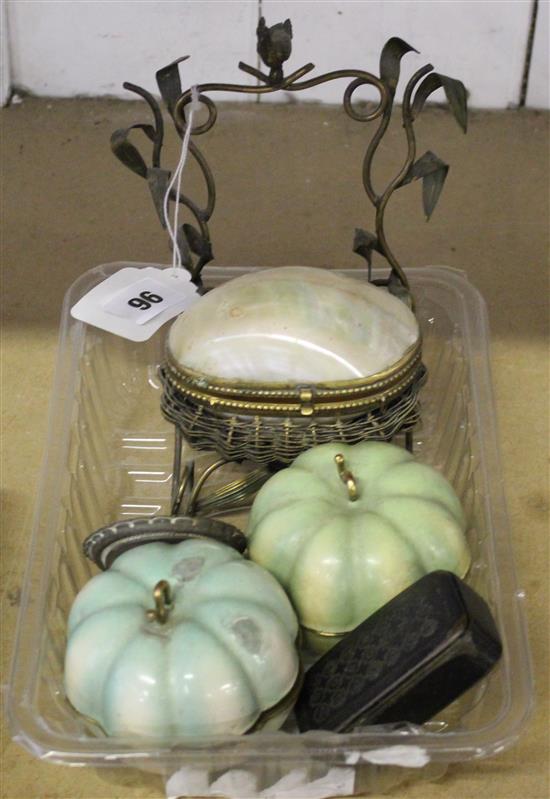 MOP basket, pin pot, 2 enamelled apples and s snuff box & miniature